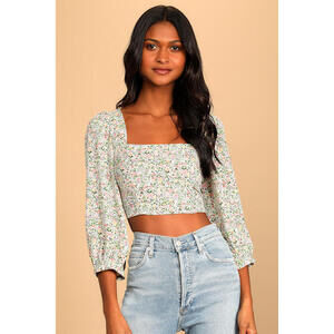 Lulus Even Sweeter White Floral Print Three-quarter Sleeve Crop Top - Size S
